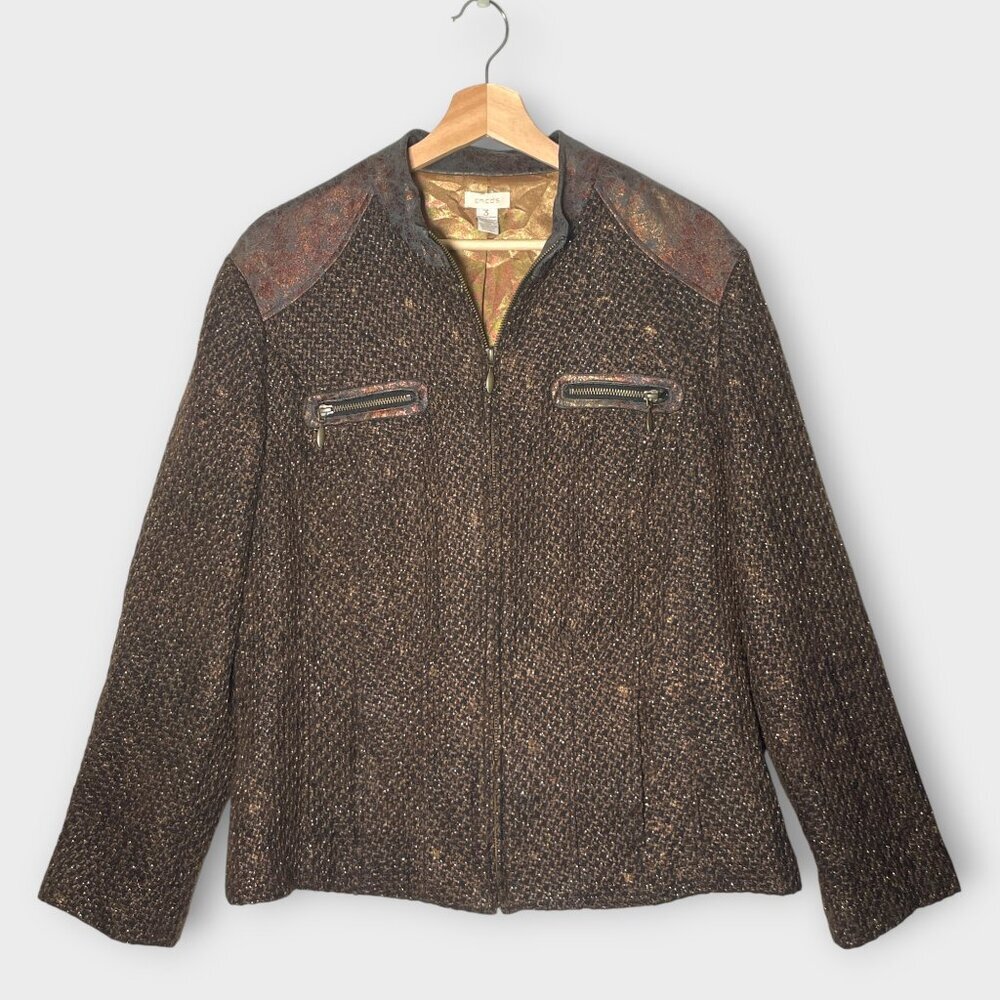 🦜 Chico's Metallic Jacket Sz 3 / XL Lined Full Zip Pockets Rustic Steampunk